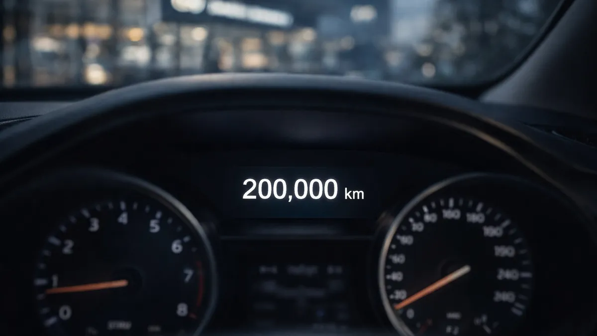 לוח מחוונים של רכב המציג קילומטראז' של 200,000 ק