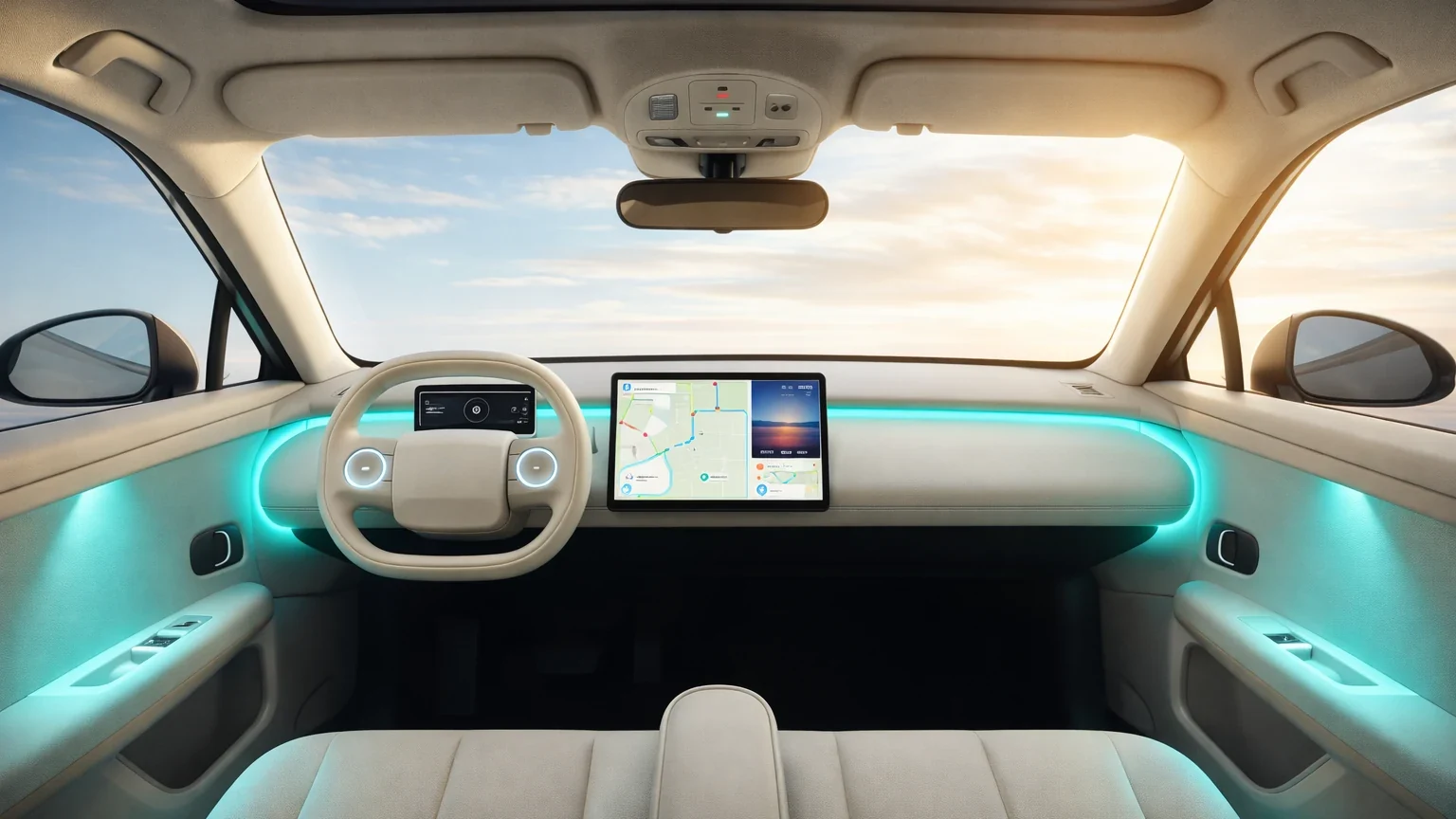 Electric car interior with cyan ambient light and dashboard technology