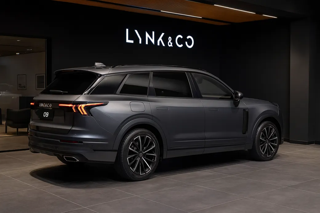 Lynk and Co 09 בצבע אפור מט באולם תצוגה מודרני