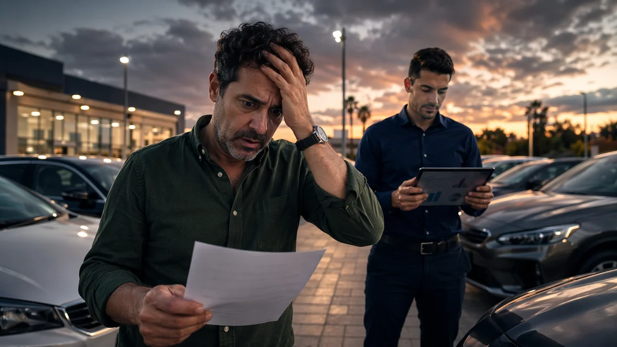 לקוח יושב באולם תצוגה מול יועץ מכירות ודף הצעת טרייד אין, ממחיש את הדינמיקה הפסיכולוגית של המשא ומתן
