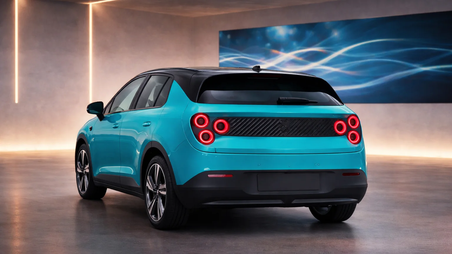 Rear view of turquoise electric car in showroom